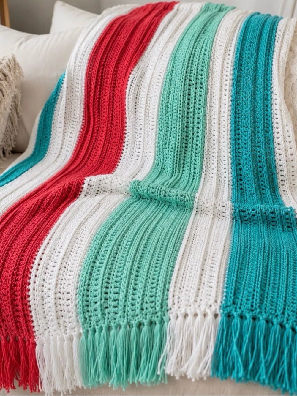 Striped Crochet Fringe Throw Blanket - Bold Summer Stripes